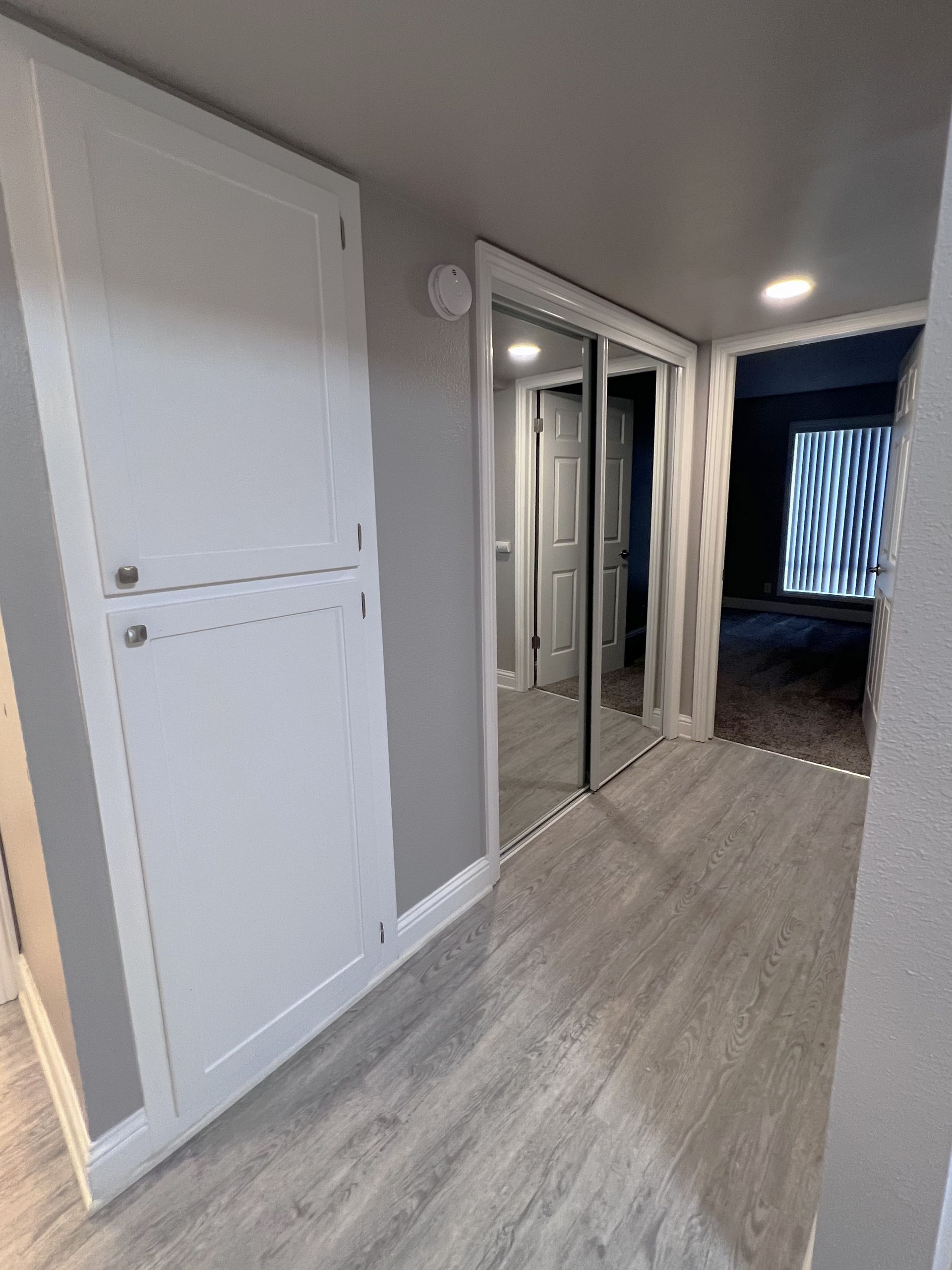 a hallway with a closet and a mirrored door