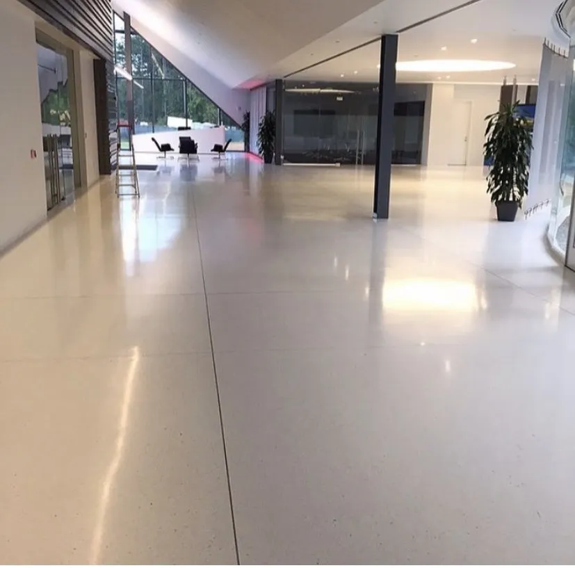 Spacious lobby with shiny white floor, glass windows, and potted plants.