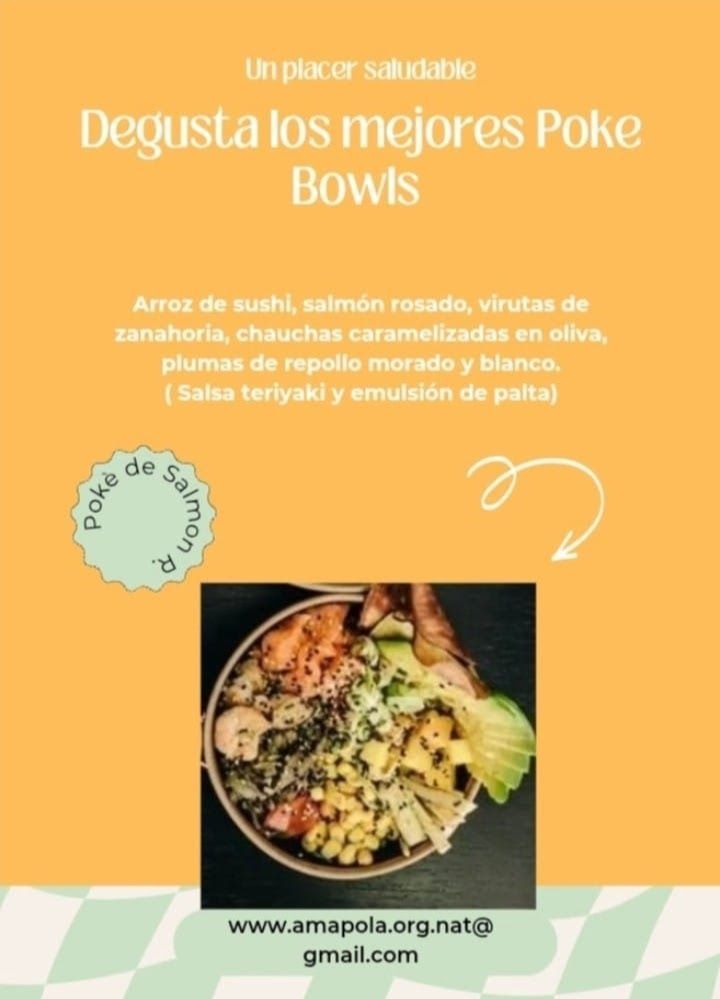 Un anuncio de poke bowls en español con una imagen de un tazón de comida.