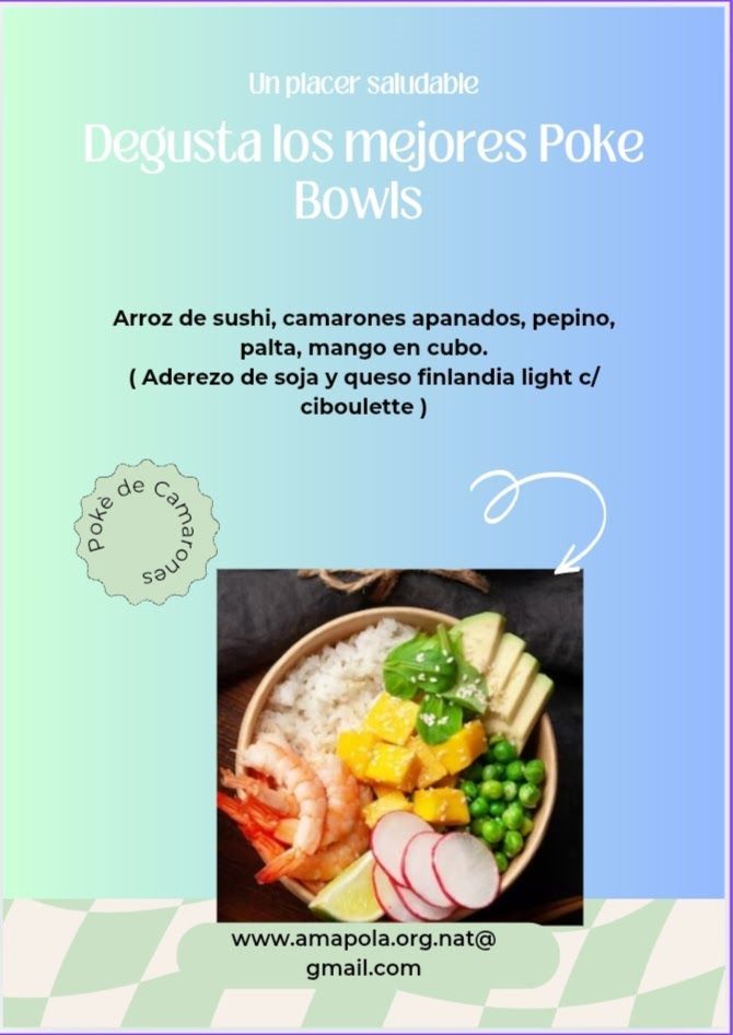 Un anuncio de poke bowls en español con una imagen de un tazón de comida.