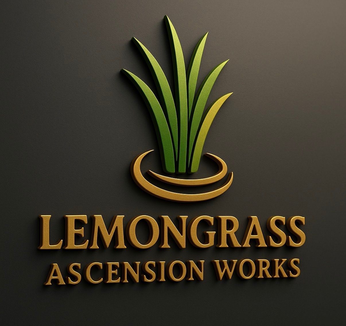 Logo: Green lemongrass sprouts over gold swirls and lettering on a dark background.