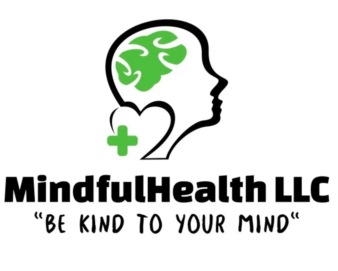 Logo: Silhouette head with brain and heart symbol, green plus sign, 