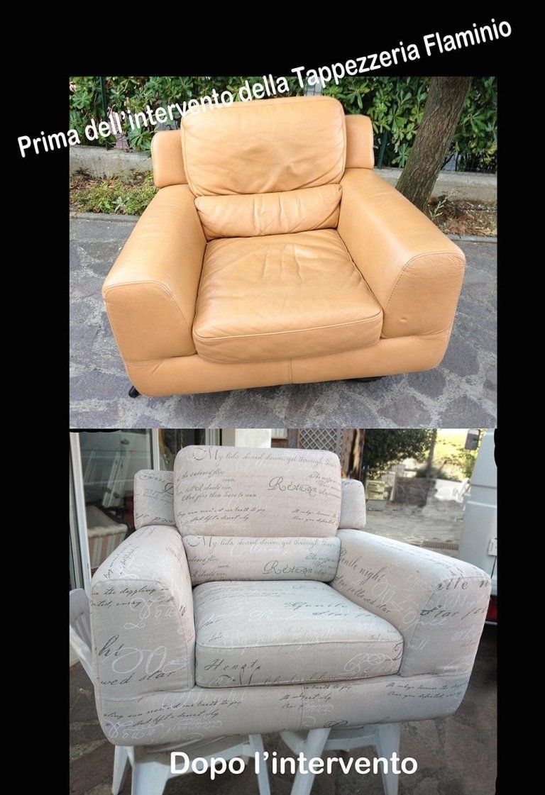 poltrona prima e dopo intervento di tappezzeria