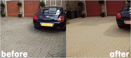 Driveway Cleaning and Paver Cleaning Before and After Photo.