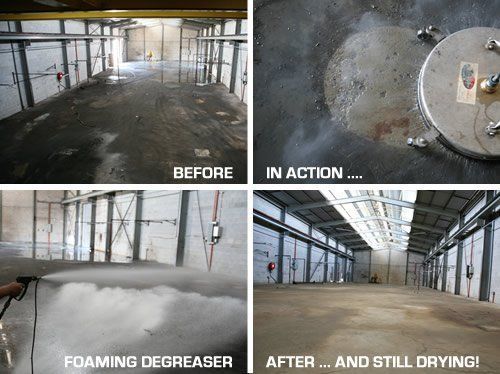 Industrial factory floor cleaning. Heavy duty degrease work using industrial cleaning agents and steam cleaning equipment. Before and After.