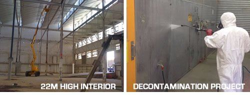 Industrial cleaning projects vary in nature, scope and complexity. Here Jetclean crews clean the interior ceiling, walls and floors of a 6 level building that had been converted into a grain store. The other image depicts a decontamination clean of a RAAF painting facility. Industrial pressure cleaning at heights and an industrial decontamination clean-up.
