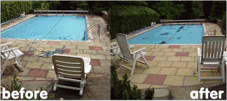 Removing mould from slippery pool pavers.  Professional paver cleaning can restore some pavers to new condition.