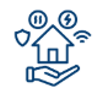 Hand holding a house icon with security shield, pause icon, lightning bolt, and Wi-Fi signal.
