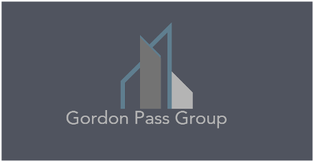 Gordon Pass Group logo, abstract building graphic, gray, blue on a gray background.