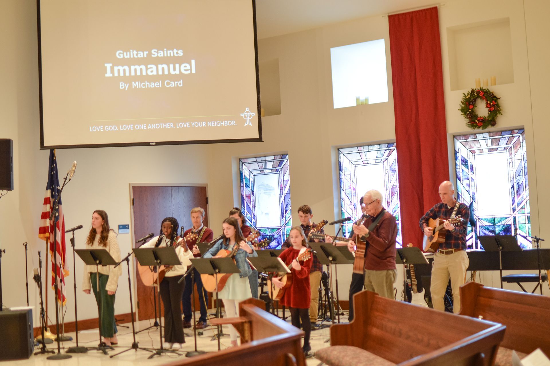 A group of people are playing instruments in a church.