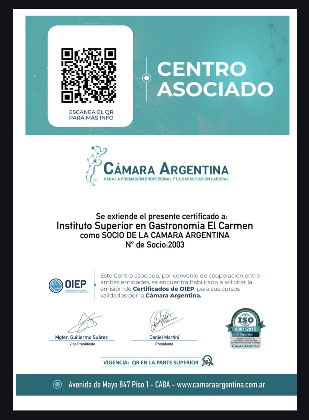 Certificado de la Cámara Argentina, que identifica a un instituto gastronómico como centro asociado.