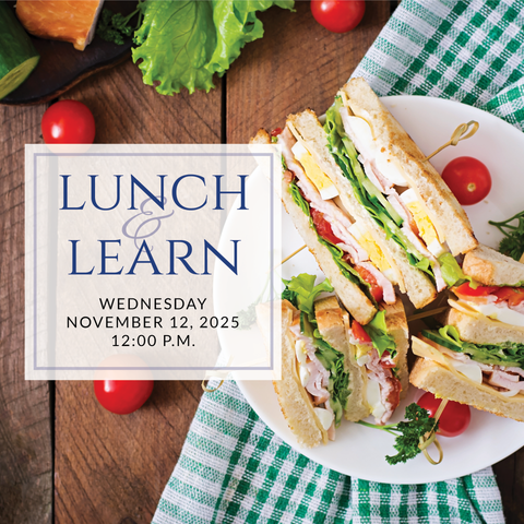 a plate of sandwiches on a table with the words lunch & learn on it