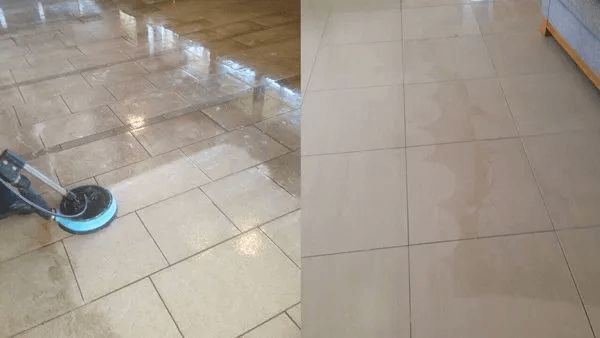 A Before and After Picture of a Tile Floor Being Cleaned With a Machine — The Tile & Stone Specialists in Peregian Beach, QLD