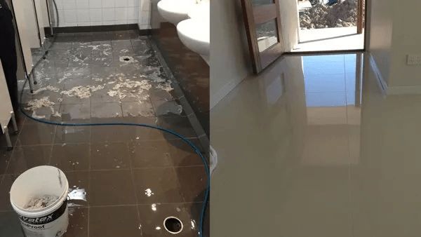 A Before and After Photo of a Tiled Floor in a Bathroom — The Tile & Stone Specialists in Peregian Beach, QLD