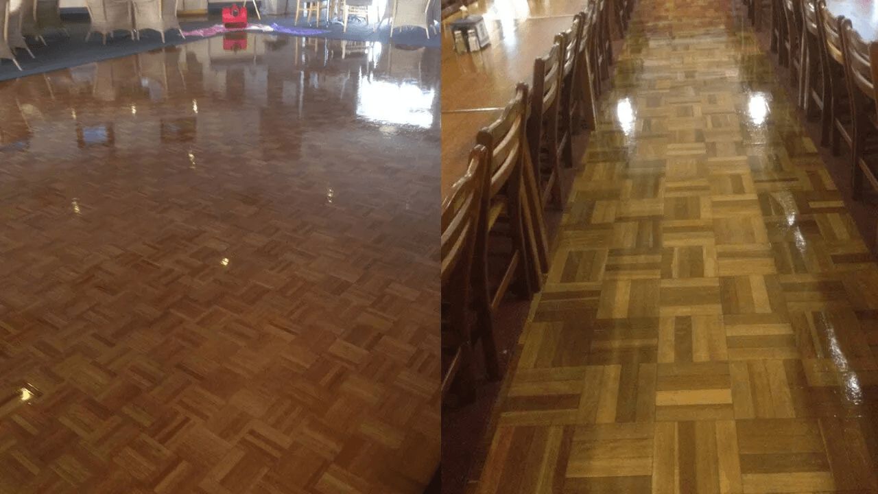 A Before and After Photo of a Wooden Floor in a Church — The Tile & Stone Specialists in Peregian Beach, QLD