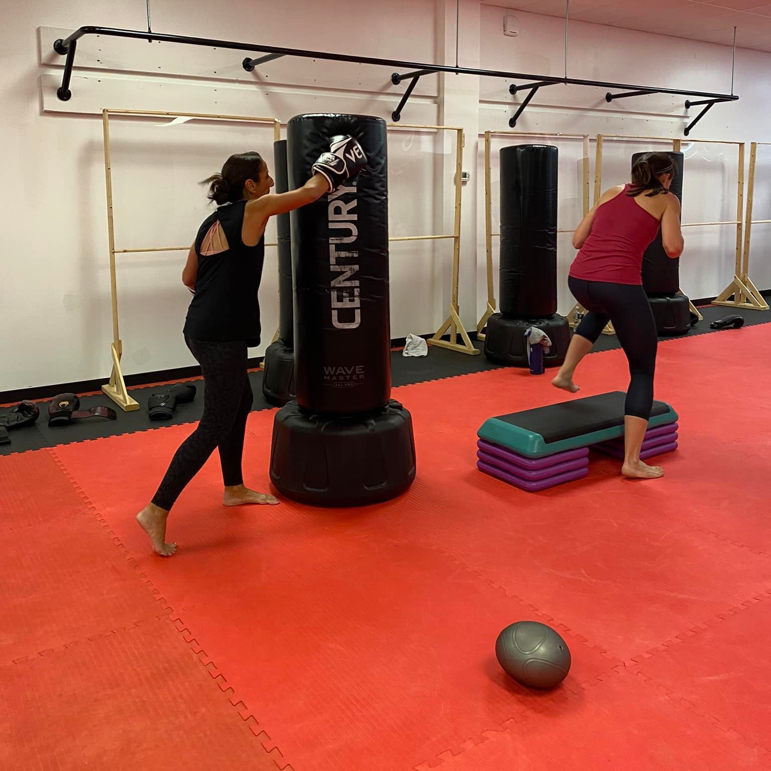 A woman is hitting a century boxing bag in a gym