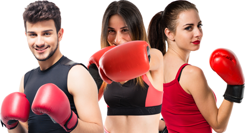A man and two women are wearing boxing gloves.