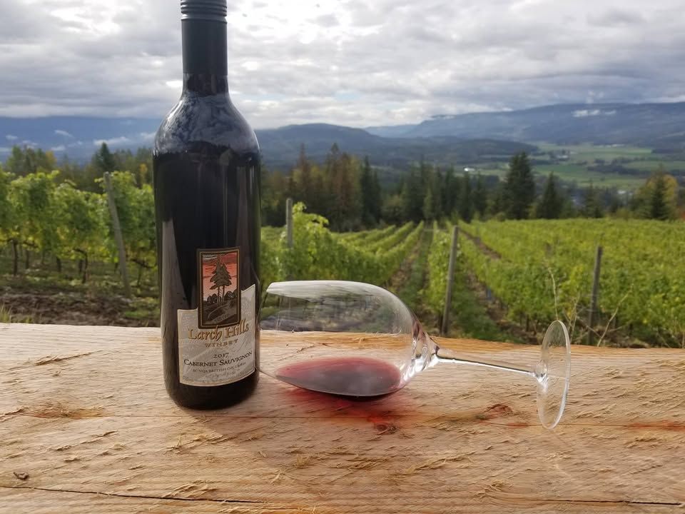 A bottle of Larch Hills Wine with the Winery in the background.
