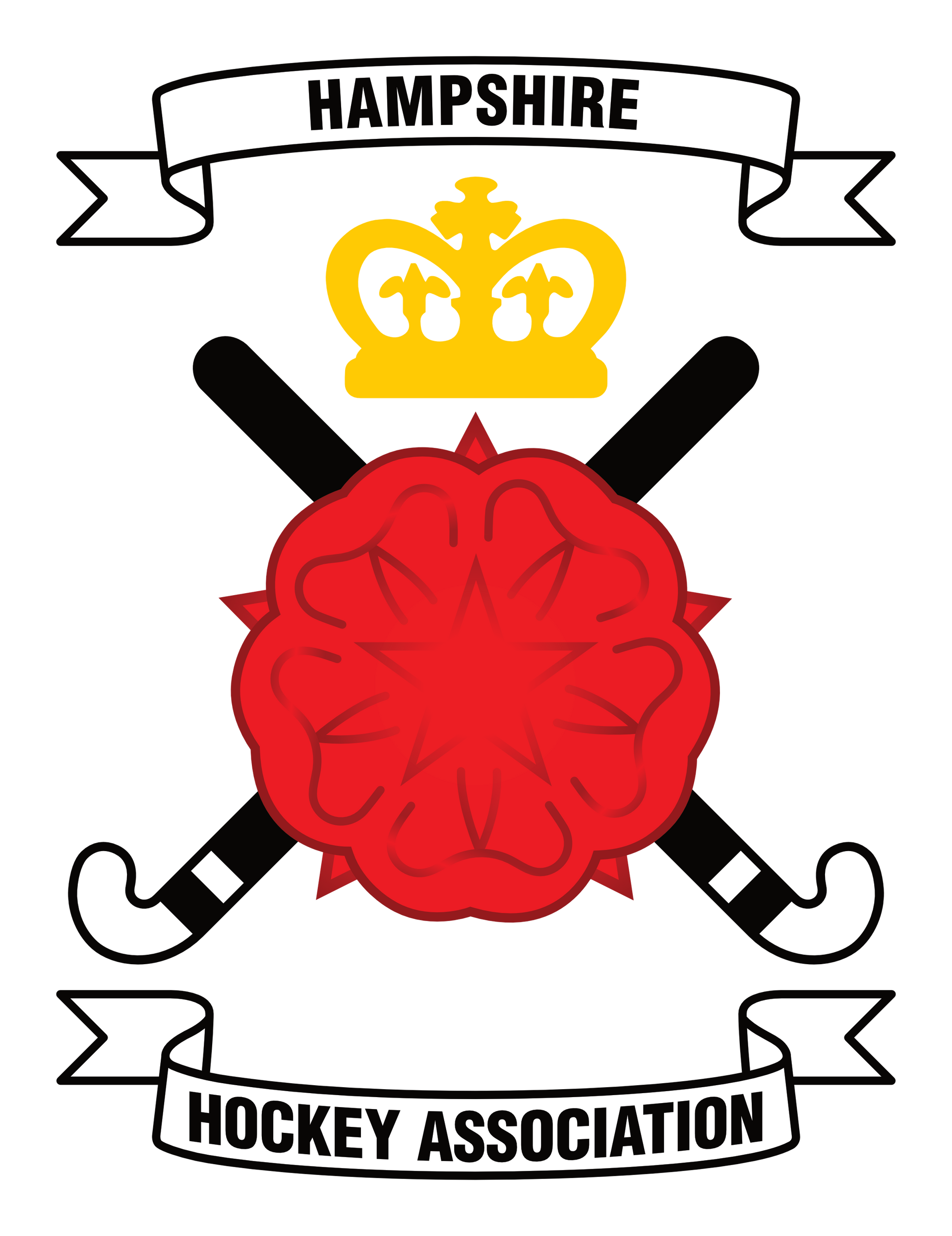 Hampshire Hockey Association logo: red rose crossed with black hockey sticks, gold crown, and banners reading