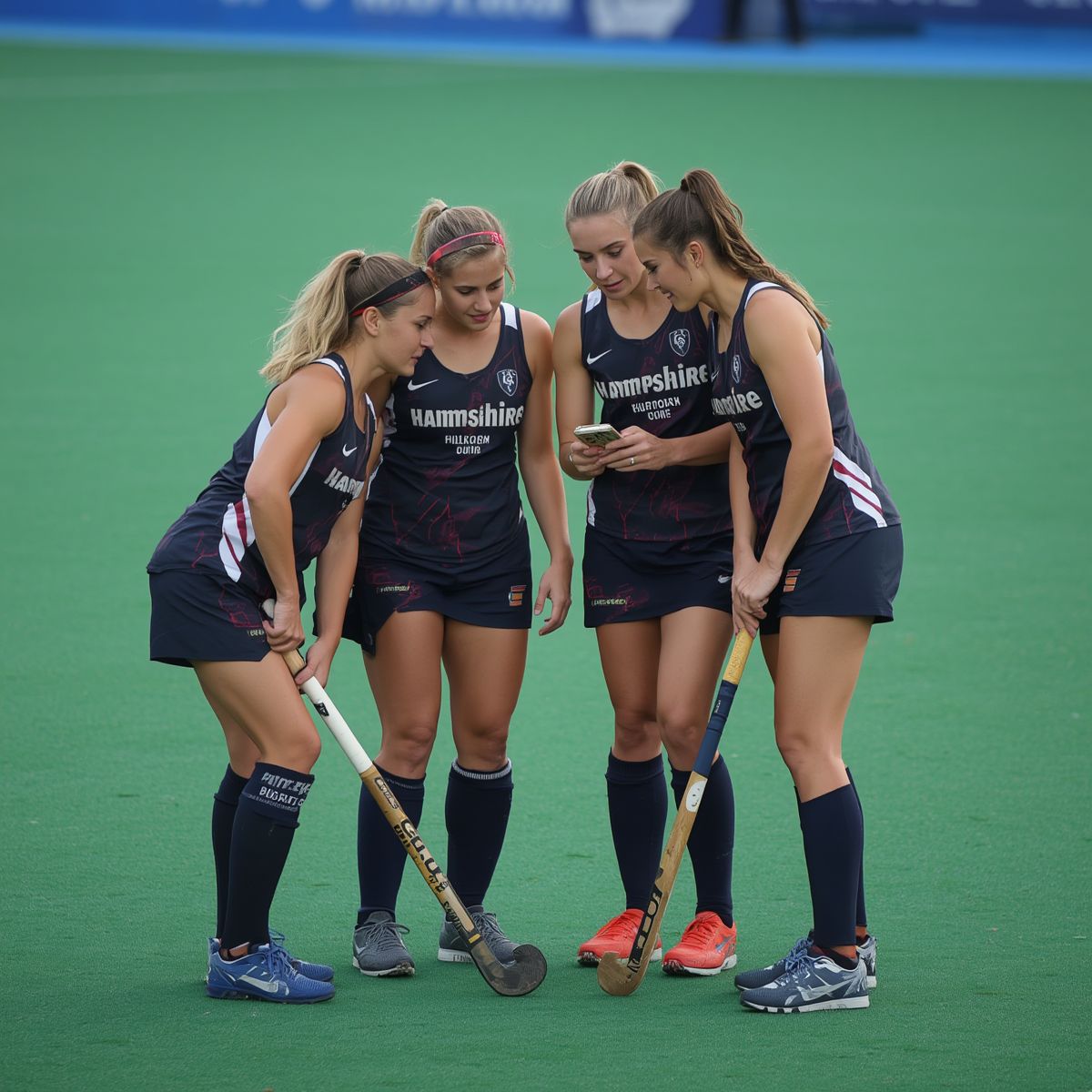 Four field hockey players huddle on a green turf field, looking at a phone before play.