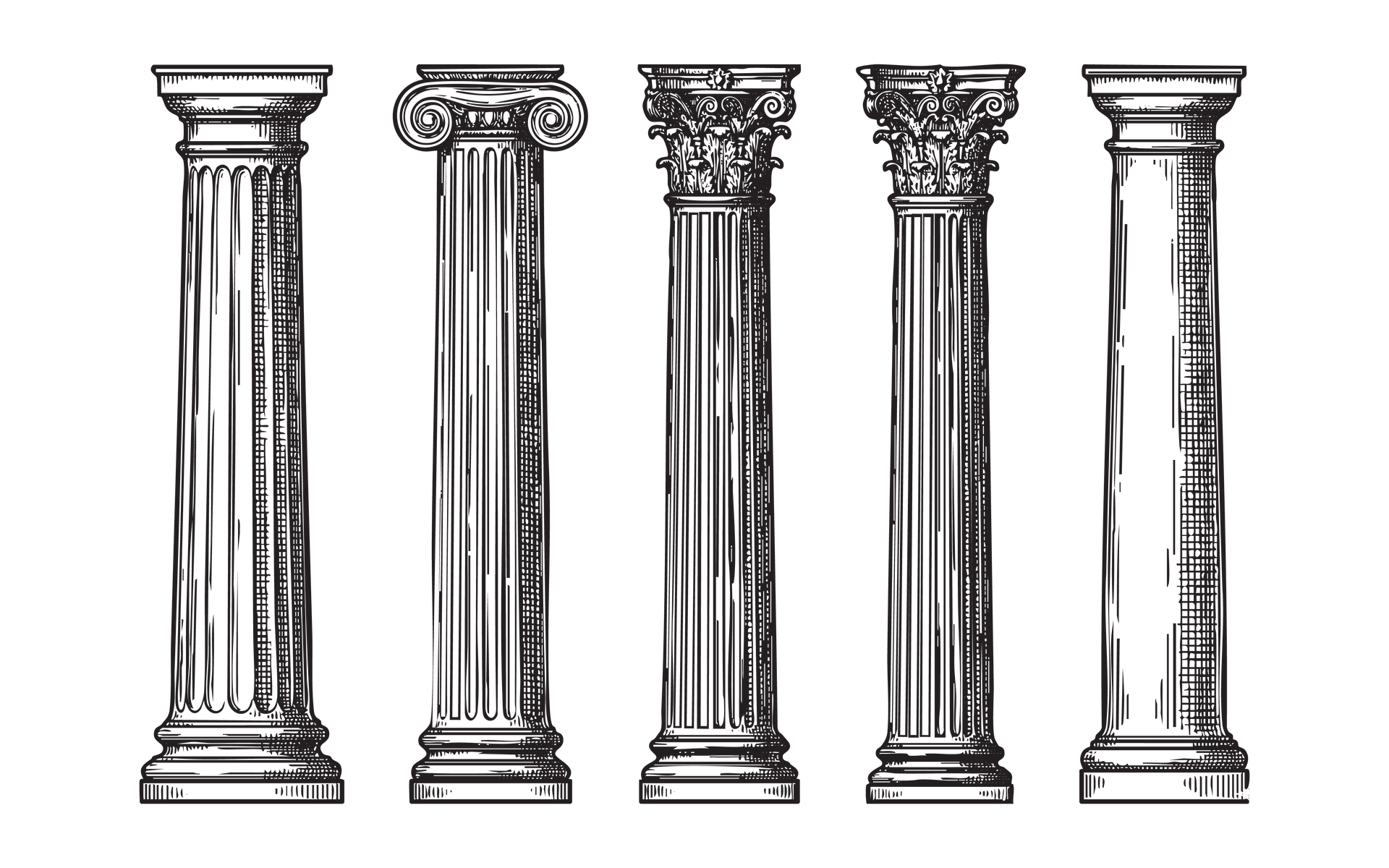 Five black-and-white classical columns in different architectural styles, lined up side by side.