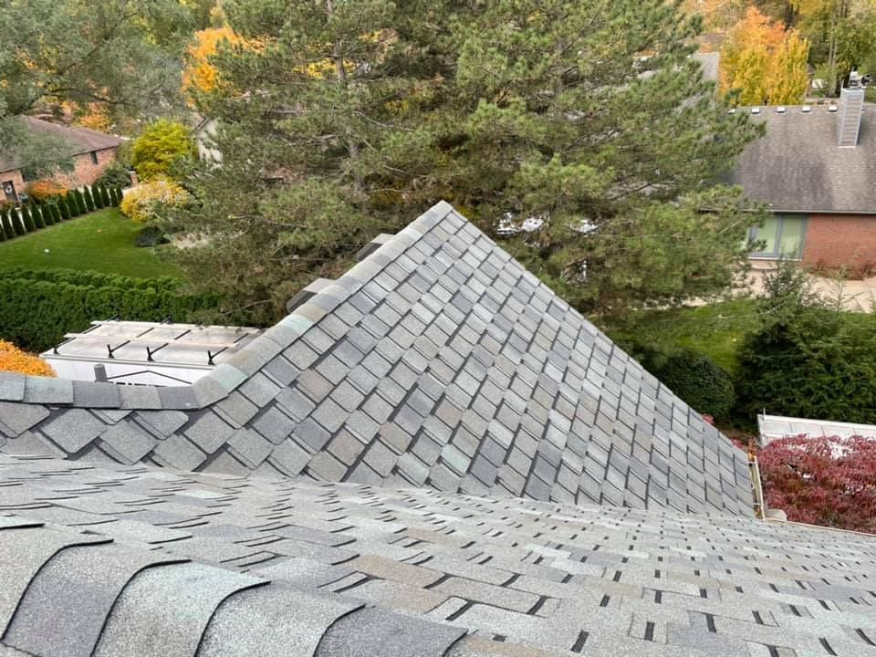 Gray asphalt shingle roof on a house, with a tree and foliage in the background.