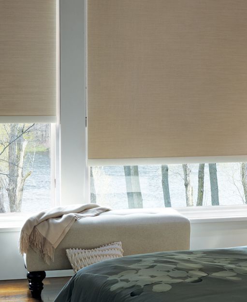 Beige Window Shades in a Bedroom With a Bench, Pillows, and a Partly Visible Bed — GV Blinds in Shepparton, VIC