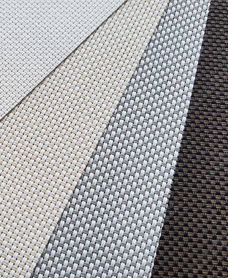 Close-up of Four Woven Fabric Swatches in White, Tan, Grey, and Dark Brown — GV Blinds in Shepparton, VIC