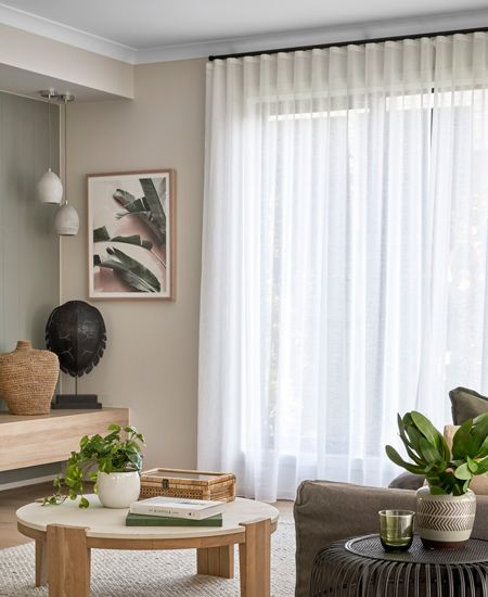 Living Room With Sheer White Curtains — GV Blinds in Shepparton, VIC