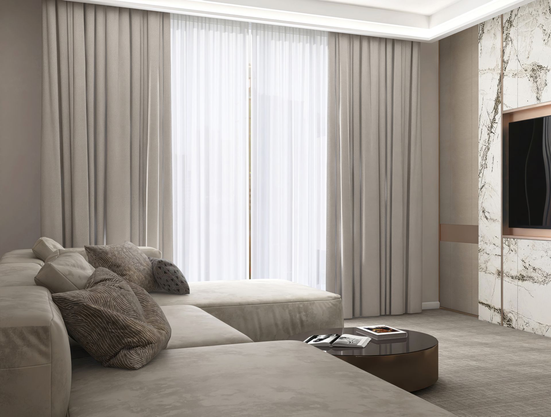 Ceiling to Floor Curtains in Lounge Room — GV Blinds in Benalla, VIC