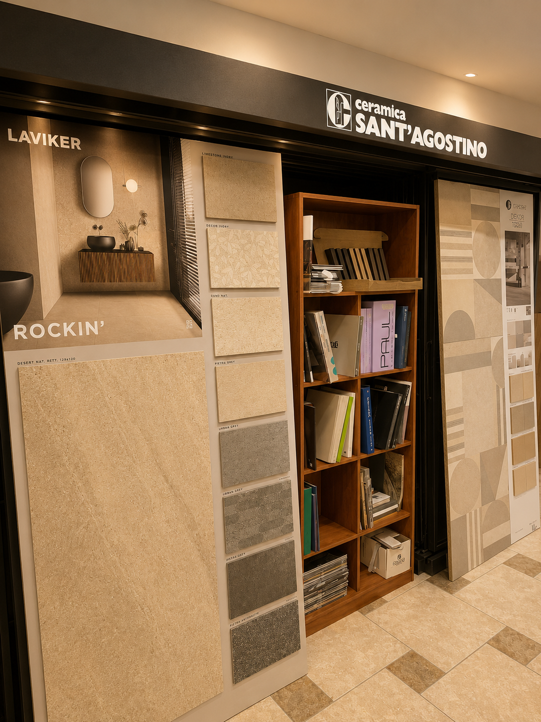 Espositore per rivestimenti in pietra con campioni di pietra e scaffalatura in legno per brochure.