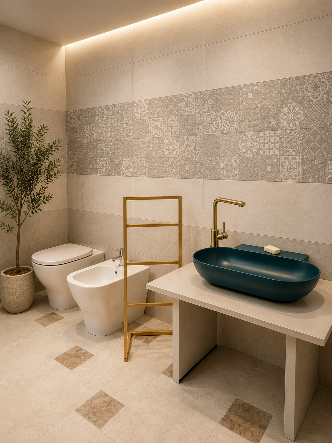 Bagno moderno beige con parete texturizzata, WC e bidet bianchi, sgabello dorato e lavabo a ciotola color verde acqua su un piano d'appoggio.