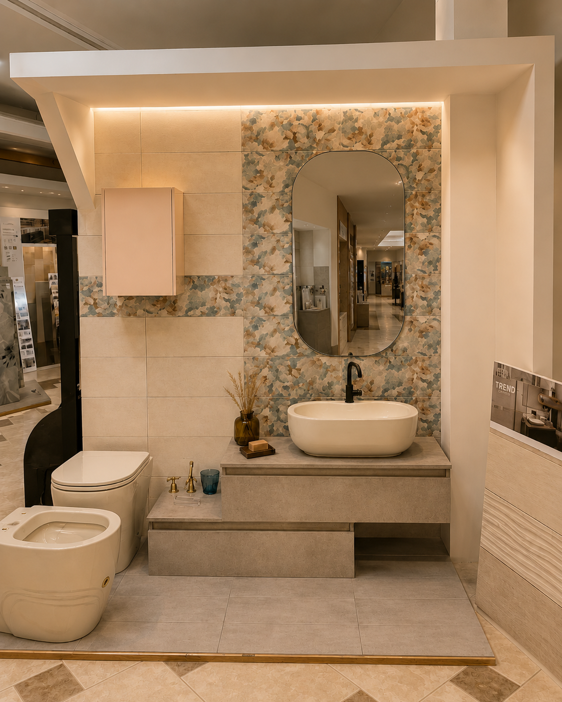 Esposizione in uno showroom di un bagno moderno con specchio a motivi floreali, lavabo a ciotola bianco, WC e zona doccia rialzata.