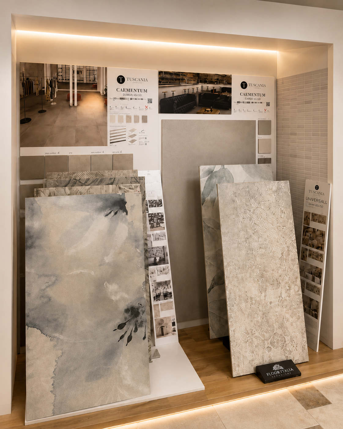 Parete dello showroom con grandi campioni di pietra dai toni neutri e pannelli espositivi su pavimento in legno.
