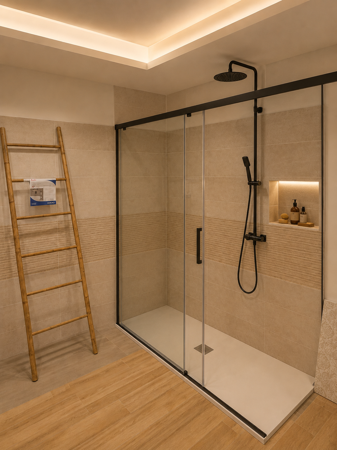 Bagno moderno con box doccia in vetro, soffione a pioggia, scala in legno e illuminazione a incasso a soffitto dai toni caldi.