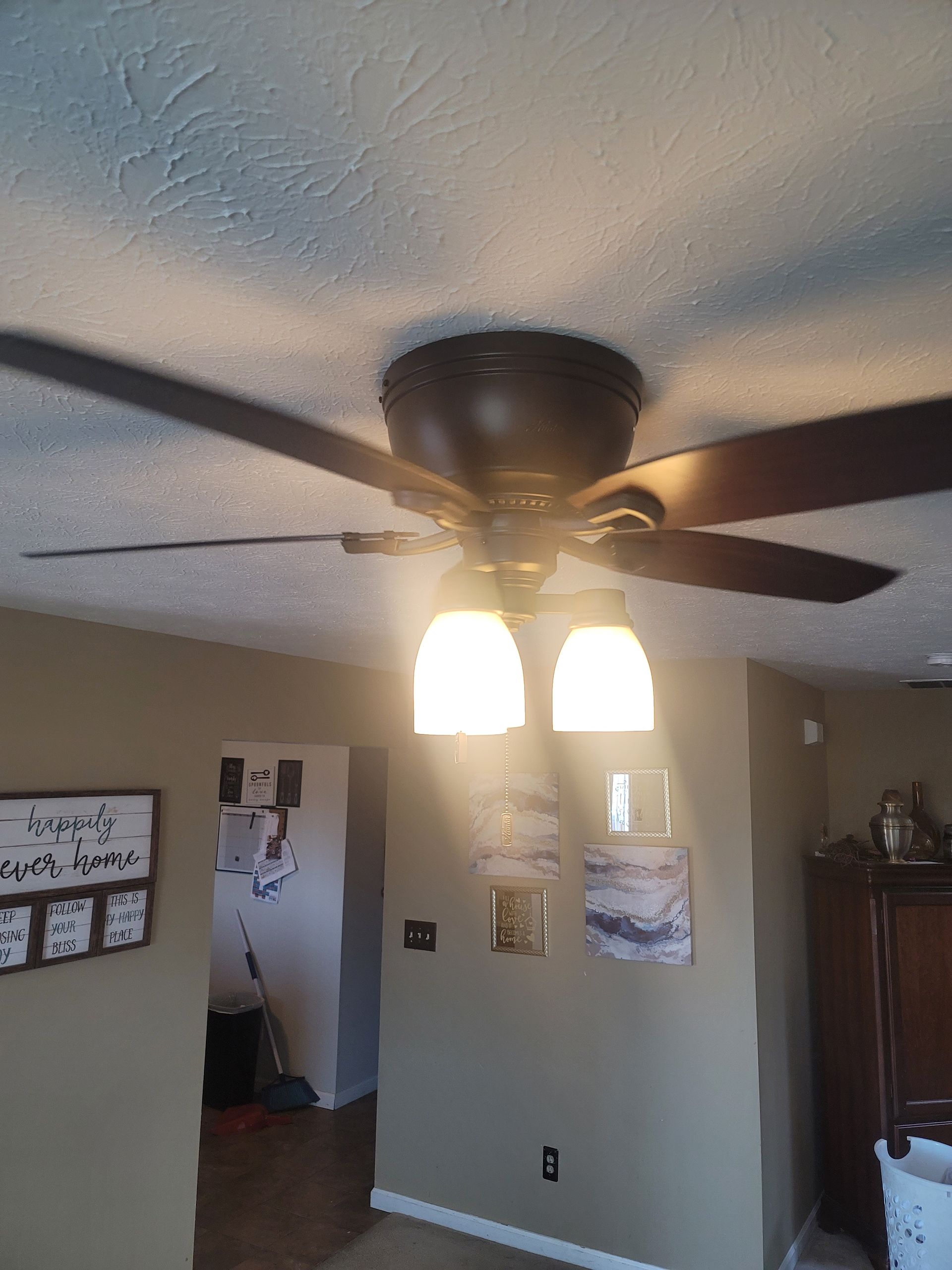 A living room with a ceiling fan and two lights