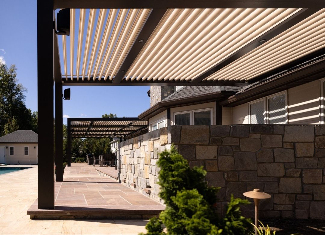 louvered pergola and retaining walls