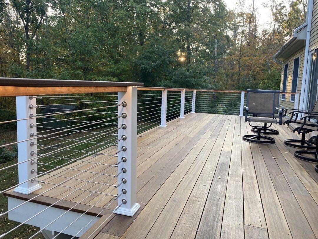 exotic wood deck with cable rail railings
