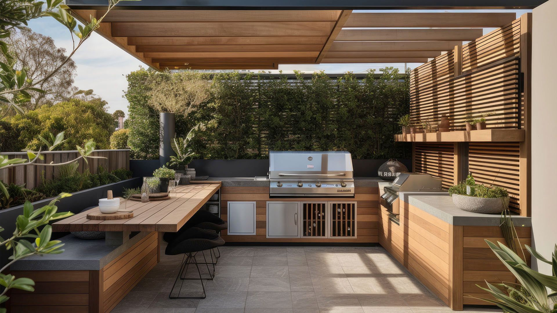 Outdoor kitchen with wooden cabinetry, grill, and dining area; lush greenery in background.