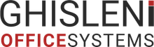 Logo per Ghisleni Office Systems con la scritta nera "GHISLENI" con un riquadro rosso e la scritta rossa "OFFICE".