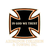 Logo: Black cross with orange and tan border. "In God We Trust". "Abingdon Collision & Towing Inc." below.
