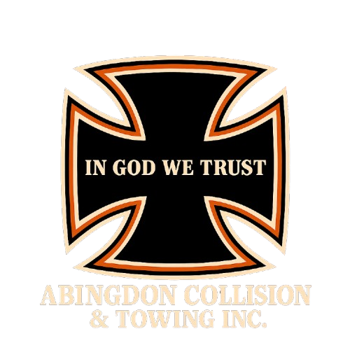 Logo: Black cross with orange and tan border. "In God We Trust". "Abingdon Collision & Towing Inc." below.