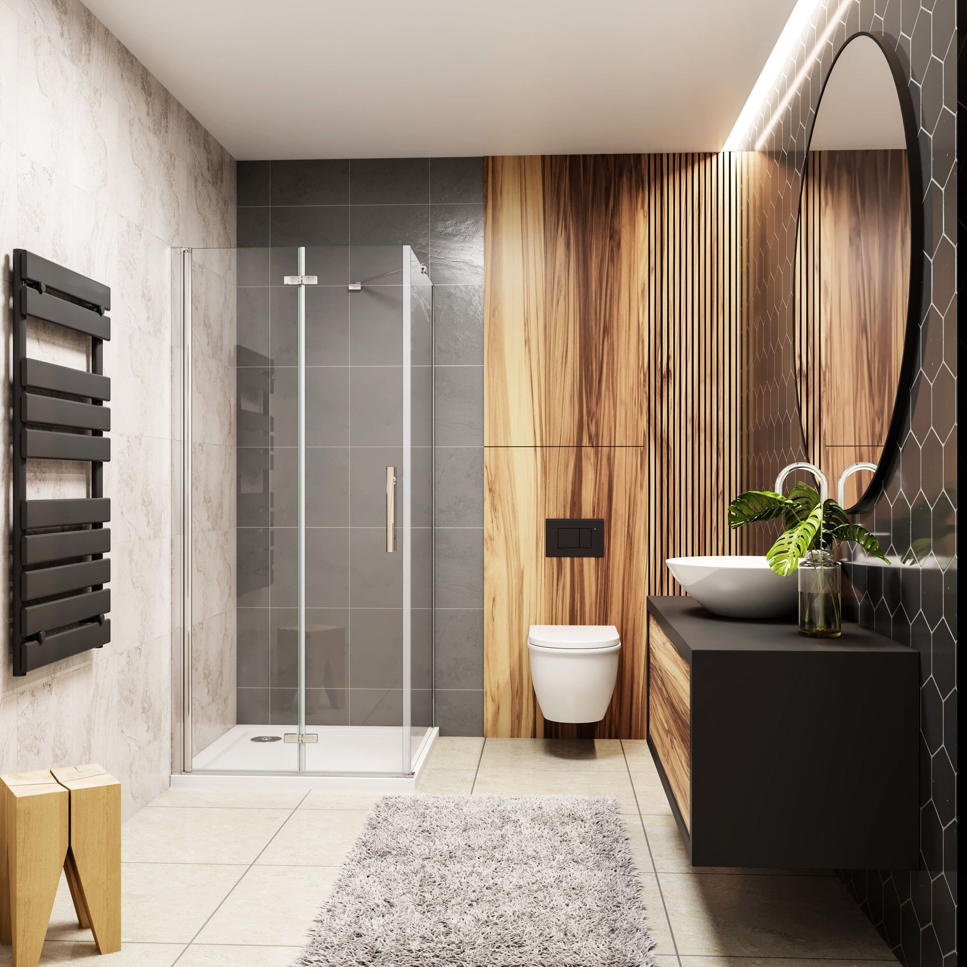 Bagno moderno con doccia in vetro, mobile lavabo in legno, specchio rotondo e termoarredo nero.