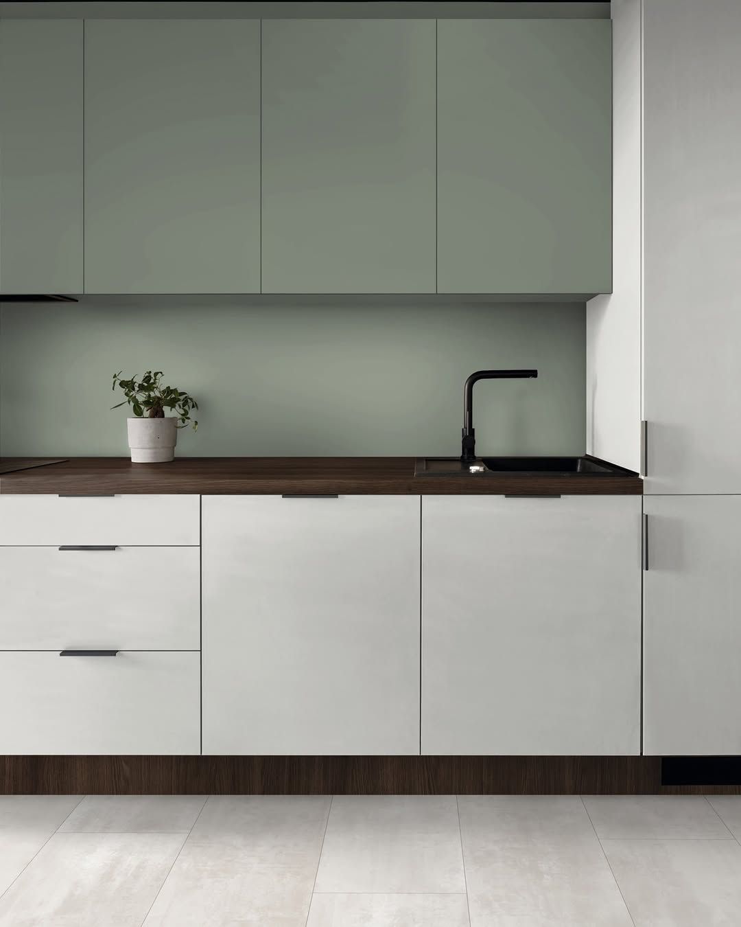Cucina minimalista con mobili bianchi, piano di lavoro scuro, rubinetto nero e una piccola pianta in vaso.