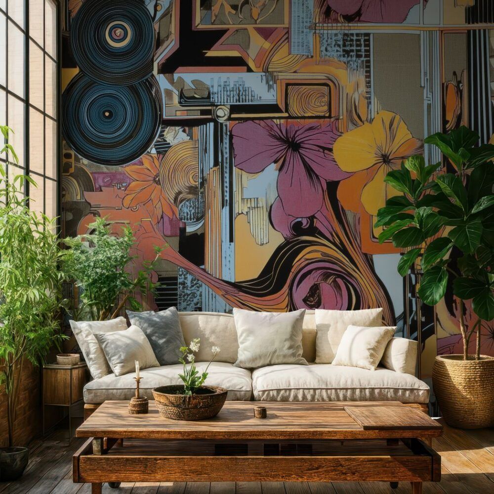 Accogliente patio con divano bianco, tavolo in legno e una parete con un murale colorato, circondato da piante rigogliose.