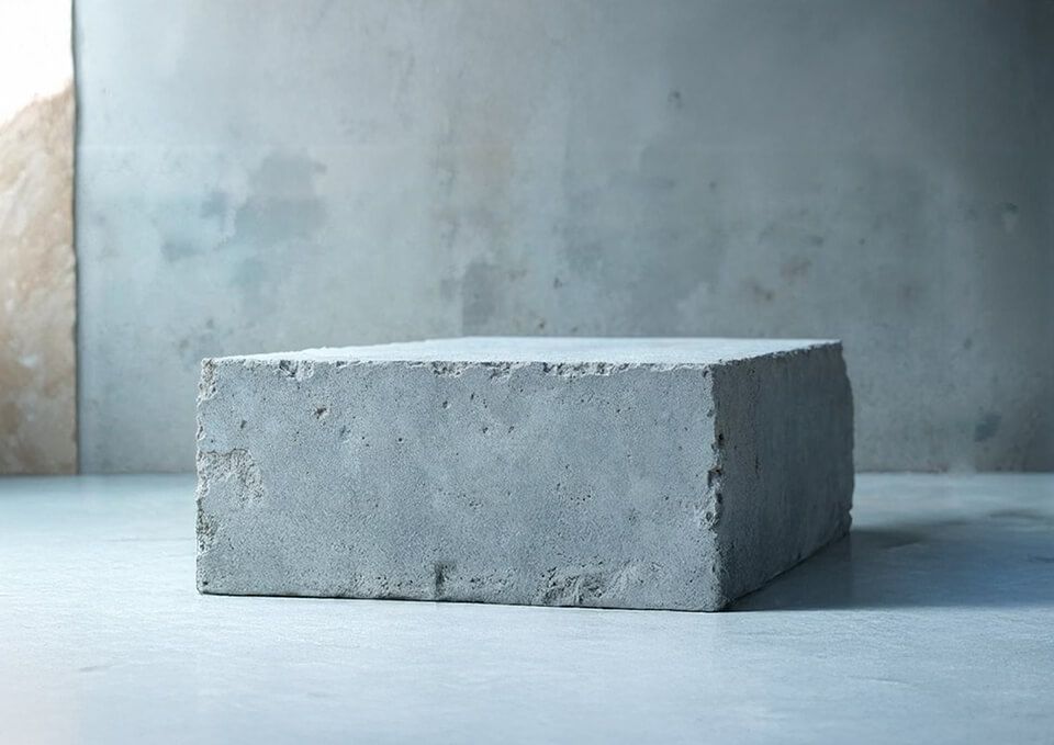Blocco di cemento grigio su una superficie chiara, contro uno sfondo di muro liscio.