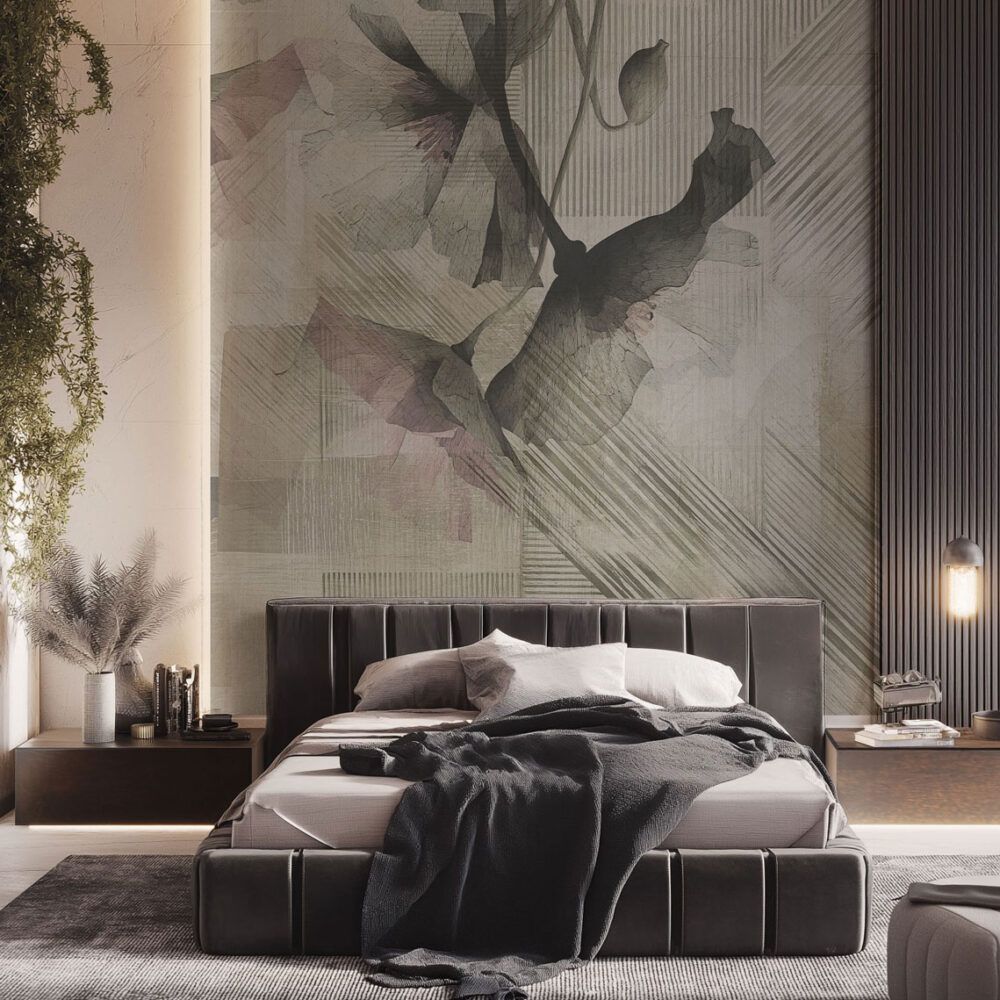 Camera da letto moderna con letto scuro, lenzuola nere e un grande murale astratto in tonalità neutre.