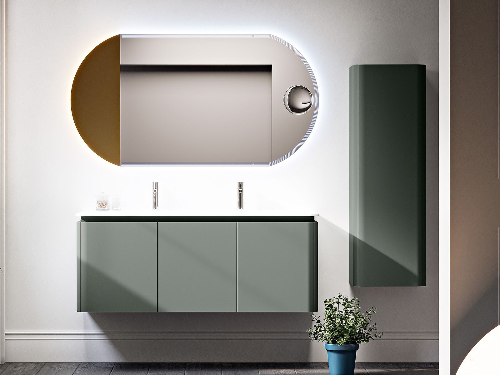 Mobile bagno moderno con specchio ovale, doppio lavabo e un alto armadietto scuro sulla destra.