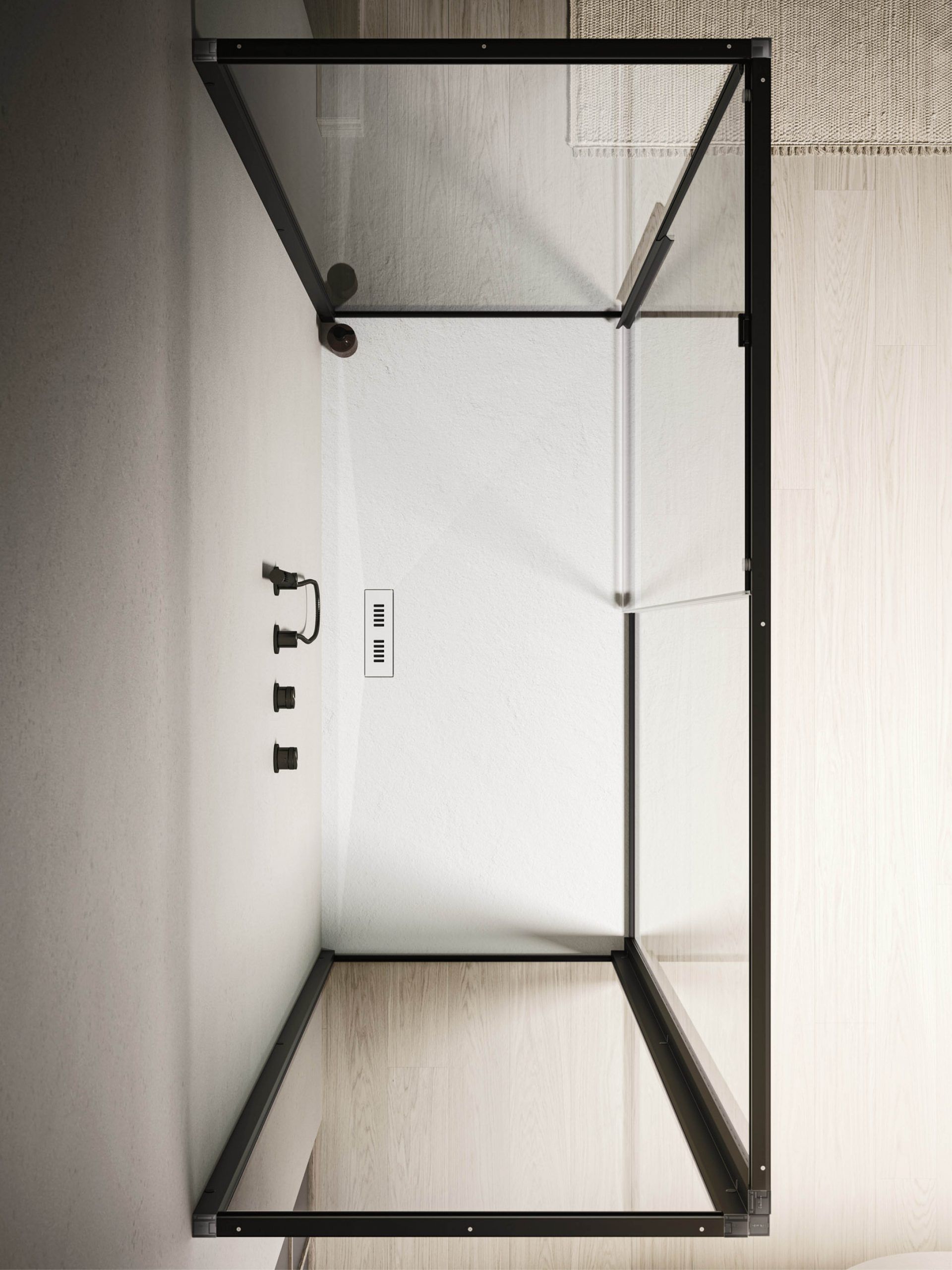 Scaffale a muro in metallo nero in una stanza bianca con diverse piccole applique nere nelle vicinanze.