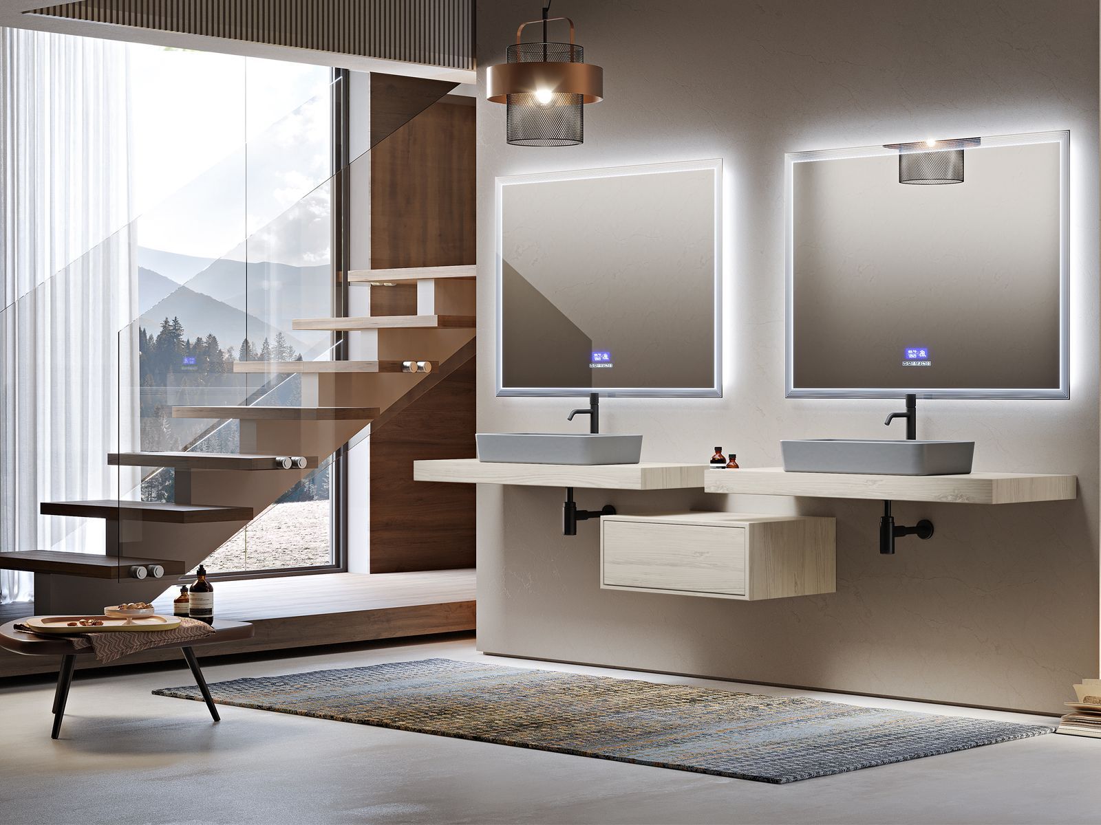 Bagno moderno con doppio lavabo, grandi specchi, mensole a parete e vasca freestanding accanto a una finestra.